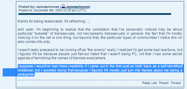 Sarah Nyberg @srhbutts on livejournal as opiumprincess sharing that she's a pedophile. https://archive.is/eOX3j#selection-9799.0-9799.225